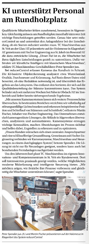 Zeitungsbericht aus dem Holzkurier mit dem Titel: KI unterstützt Personal am Rundholzplatz