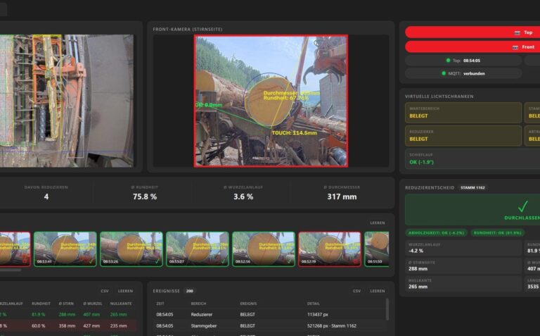 reducerControl-Dashboard mit Top- und Frontkamera, Messwerten zu Durchmesser, Rundheit und Wurzelanlauf sowie automatischer Entscheidung „Durchlassen“